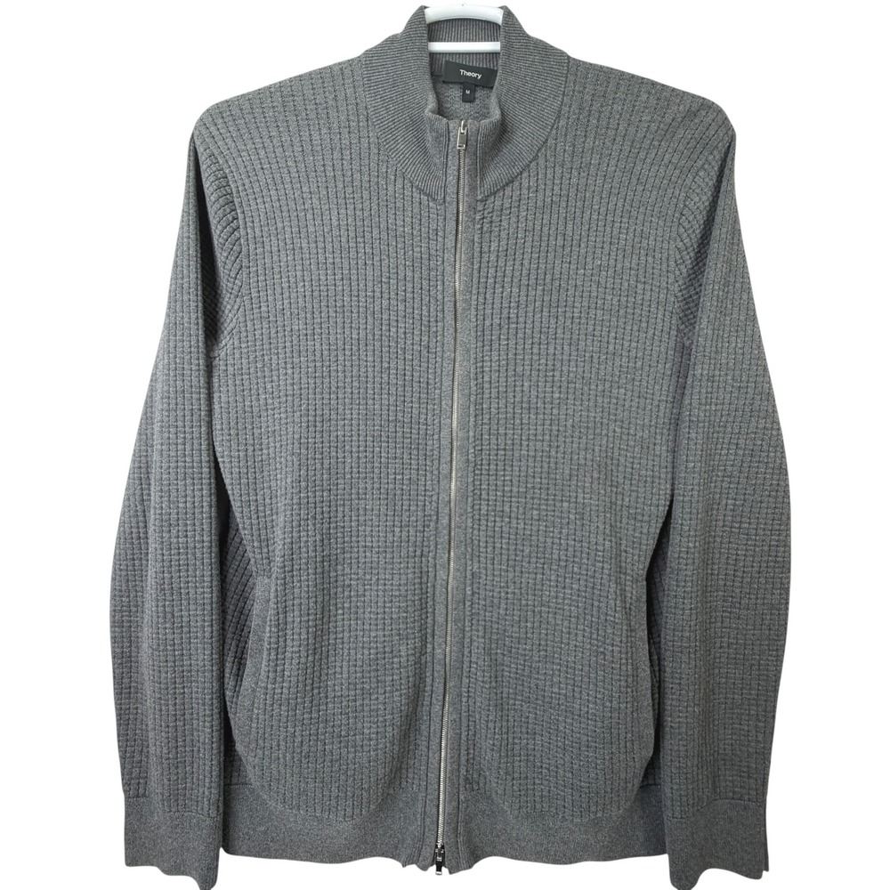 Theory Amadeo Full Zip Sweater Mens M Gray Waffle Knit Mock Neck Jacket